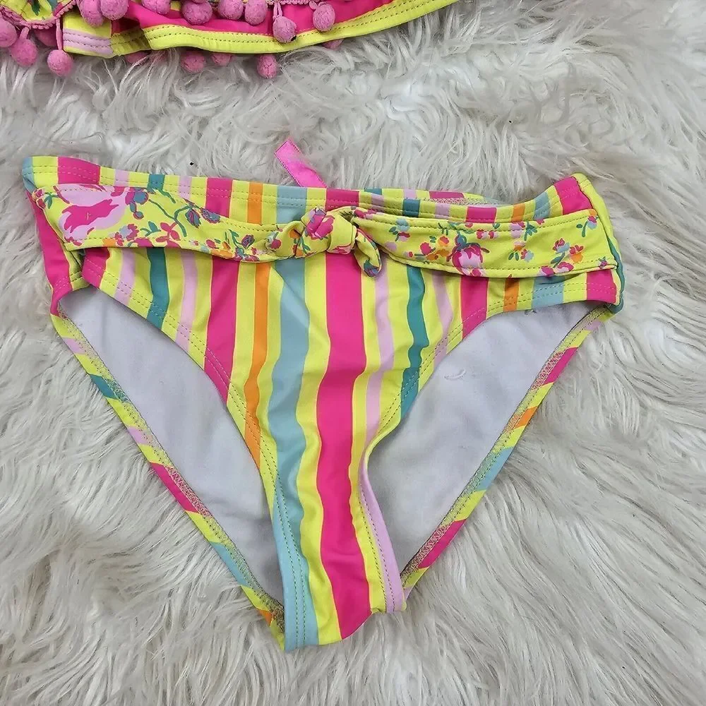 Betsey Johnson | Yellow Floral Stripe Ruffle Pom-Pom Bow BikiniGirls Size 10